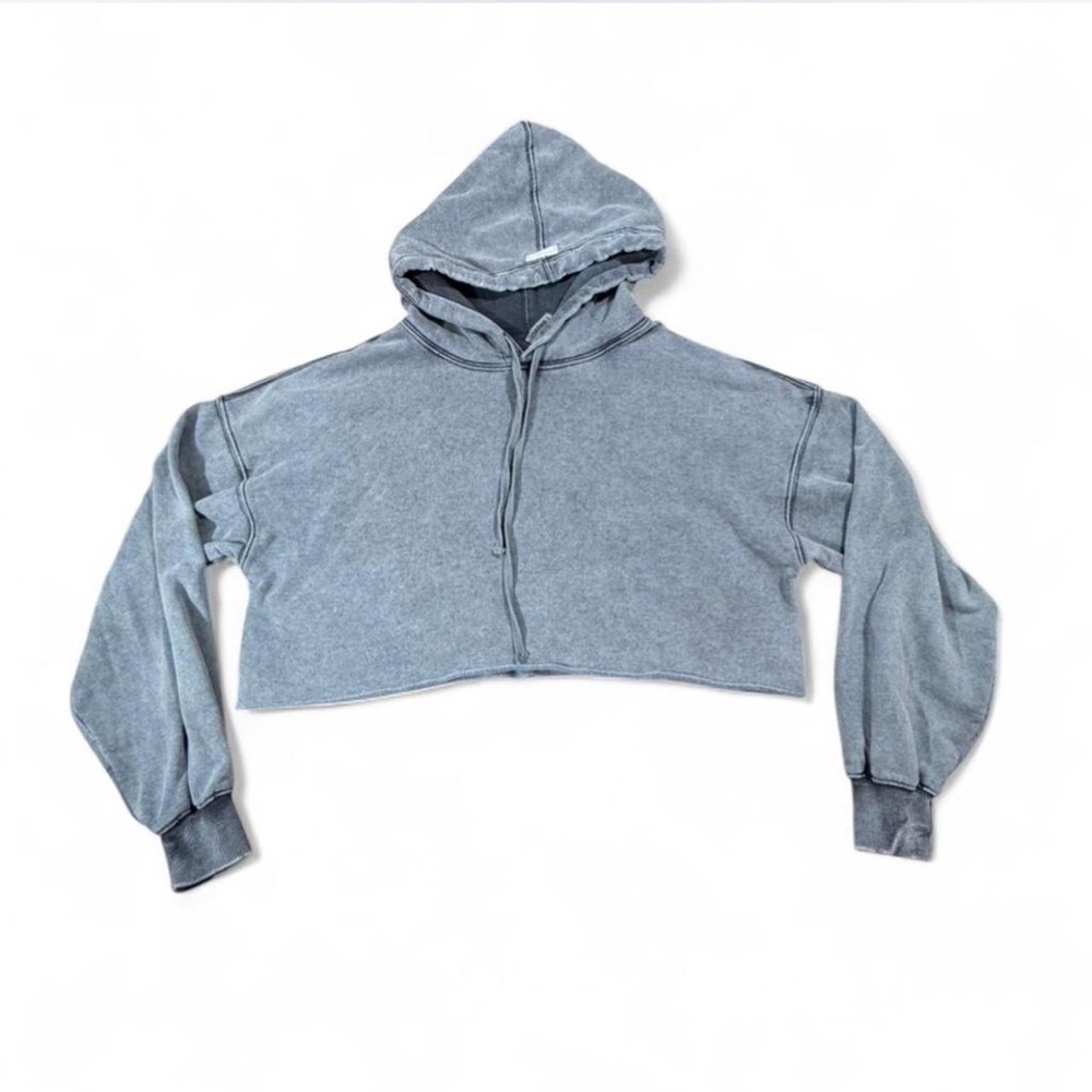 Garage Cropped Hoodie Gray Pullover Sweatshirt Drawstring Size M